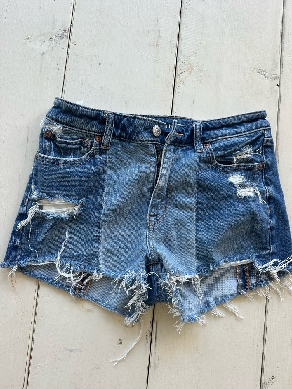 American Eagle Festival Two-Tone Distressed Denim Shorts